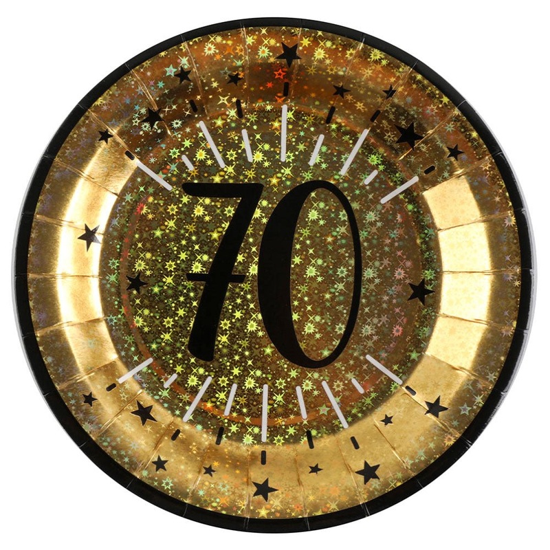 70-Years Birthday Anniversary Paper Plates Gold Black