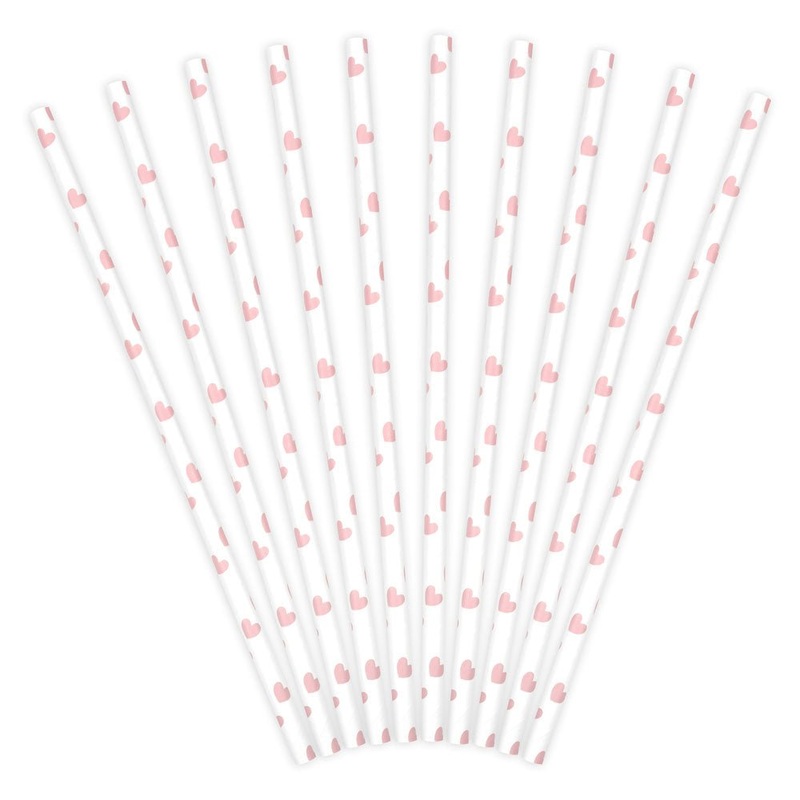 Pink Hearts Straws White