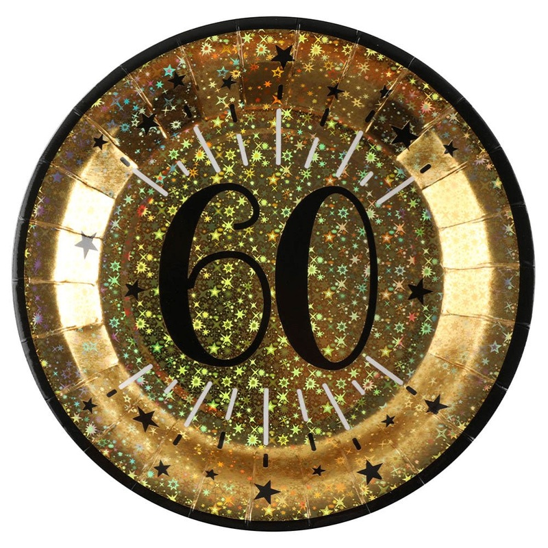 60-Years Birthday Anniversary Paper Plates Gold Black