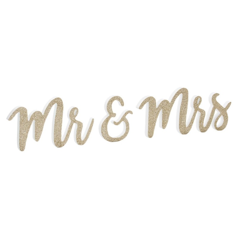 Mr & Mrs Wooden Signs Glitter Gold