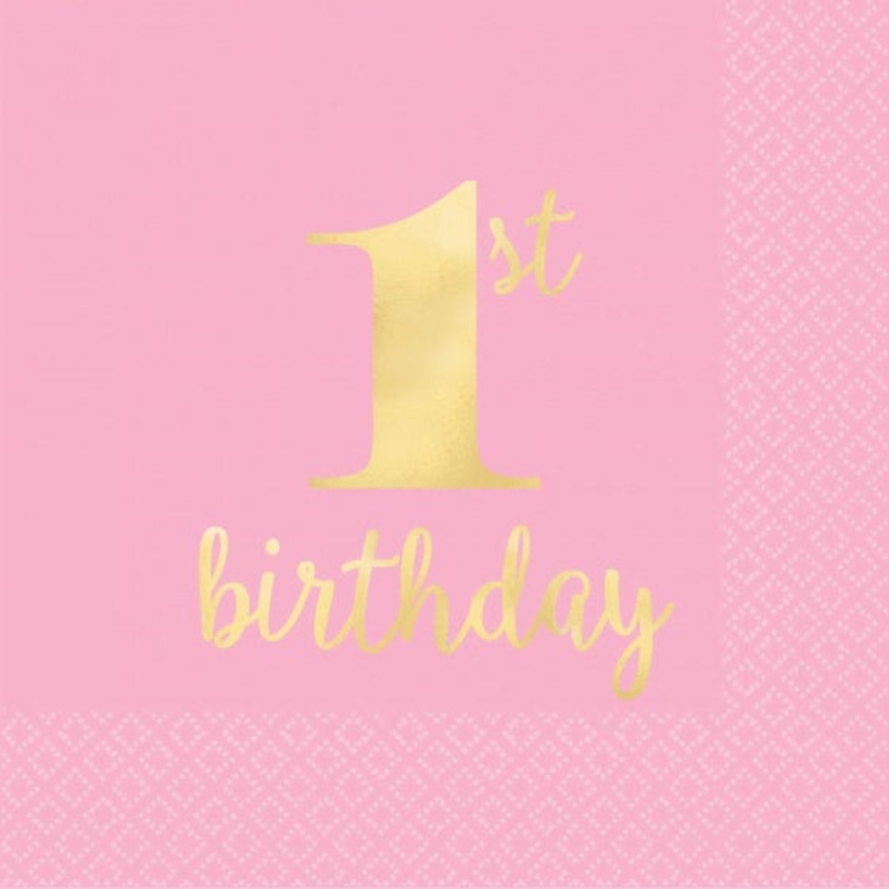 1ST Birthday Beverage Napkins Hot stamped pink