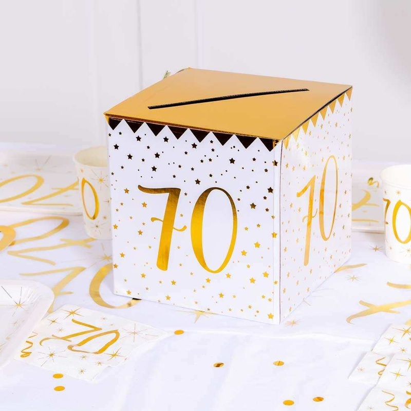 70th Birthday White & Gold Sparkle Card Box