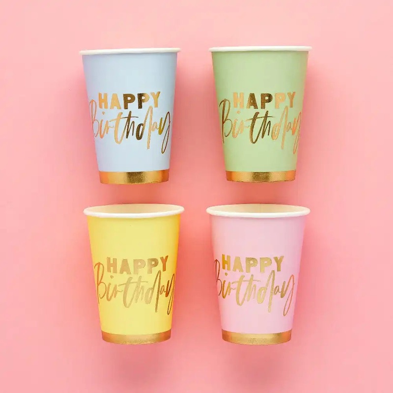 Pastel 'Happy Birthday' Paper Cups (x8)