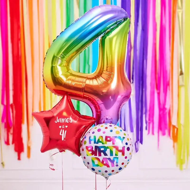 Personalised 4th Birthday Inflated Balloon Bunch  Rainbow