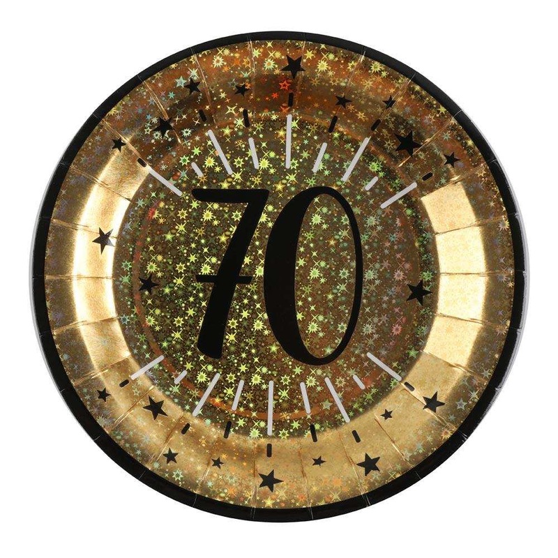 70th Birthday Black & Gold Sparkle Plates (x10)