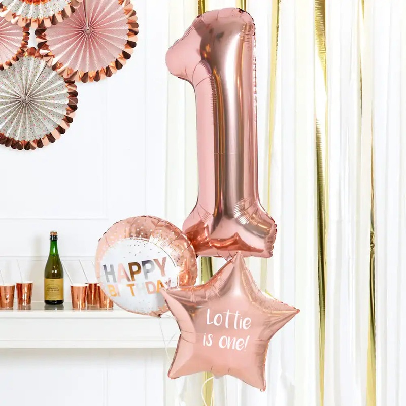 Personalised Inflated Balloon Bouquet in a Box - Rose Gold 1st Birthday