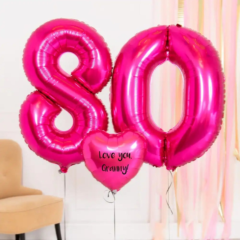 80th Birthday Balloons - Personalised Inflated Balloon Bouquet Pink