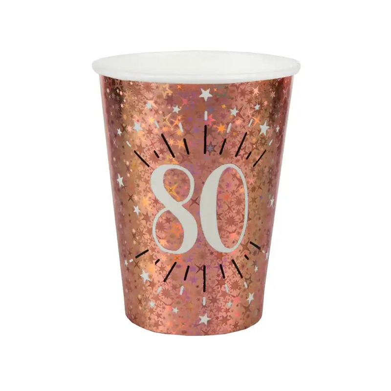 80th Birthday Rose Gold Paper Party Cups (x10)