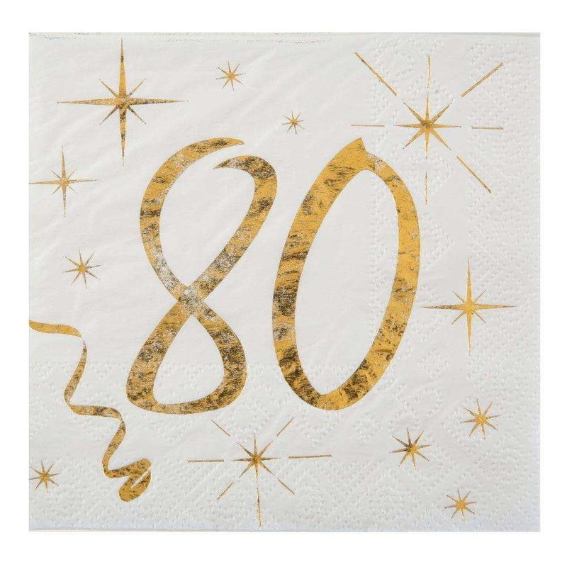 80th Birthday White & Gold Sparkle Napkins (x20)