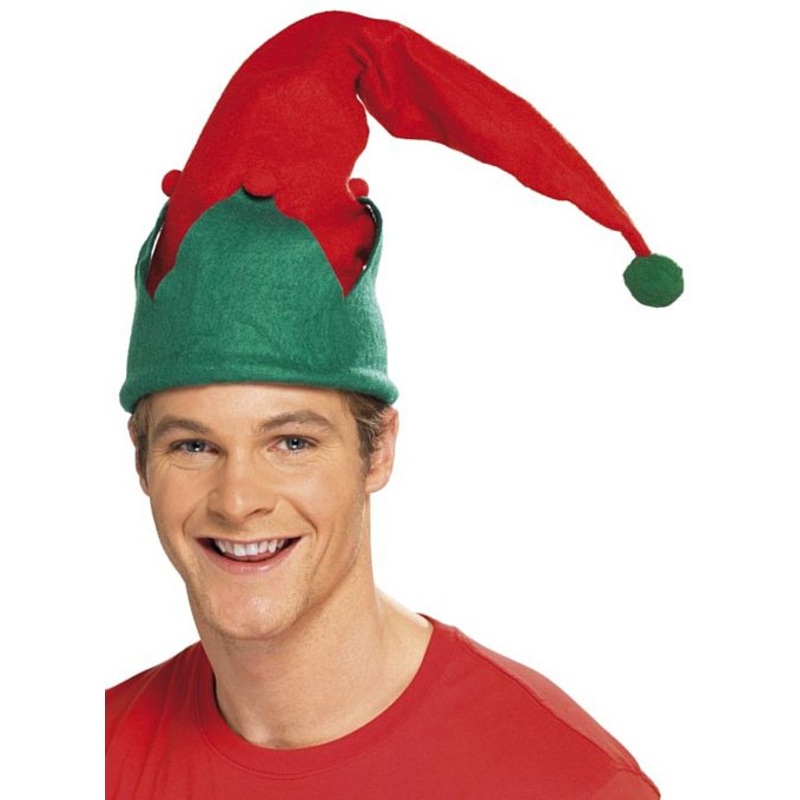 Red & Green Elf Hat With Pom Poms