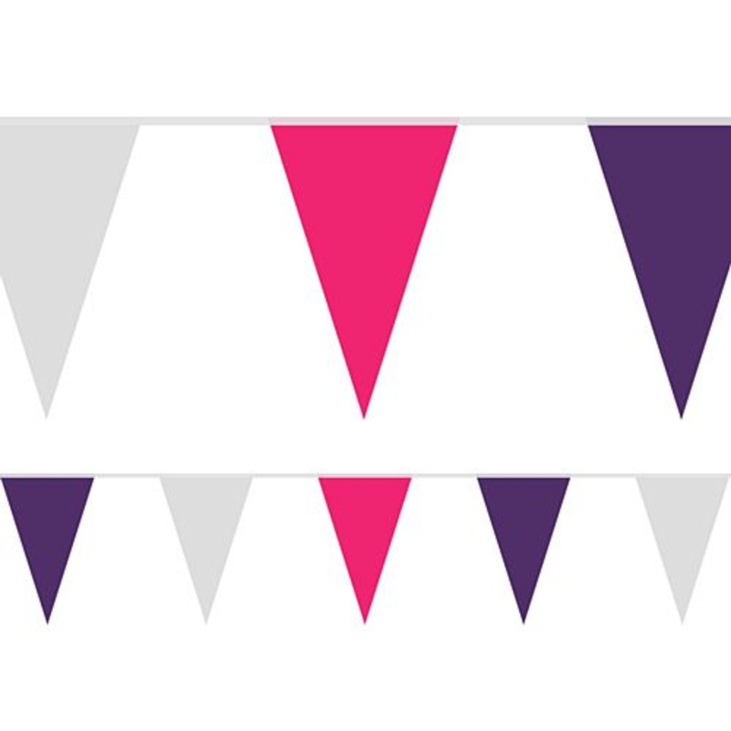 Pink Purple and White Fabric Pennant Bunting - 24 Flags - 8m