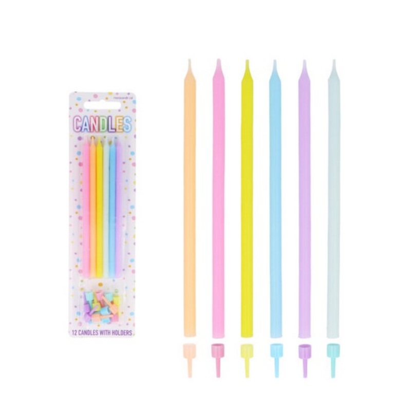 Tall Pastel Candles with Holders- Pack of 12