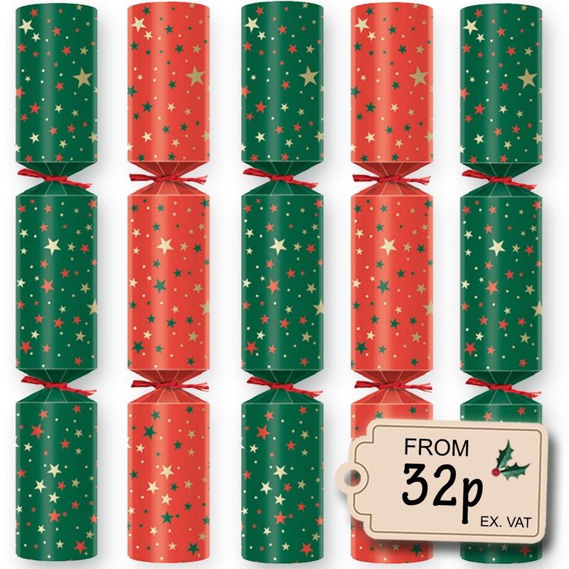 100 X Catering Crackers 9 Plastic Free Red & Green Star Design