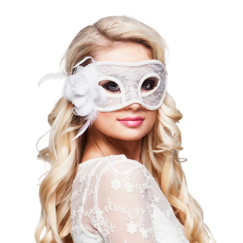 White Lace Flower Feather Venetian Masquerade Eye Mask