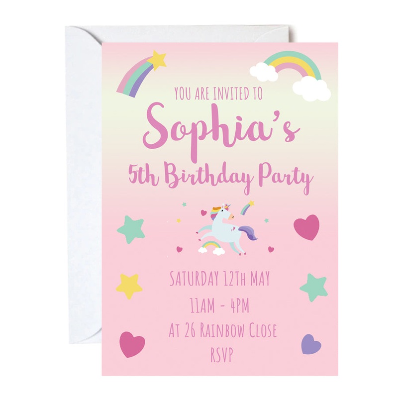 Pink Unicorn Personalised Invitations - Pack of 16