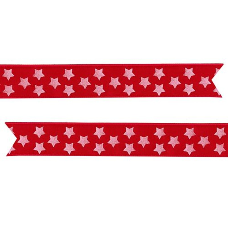 White Stars Pre Printed Ribbon Red - 25mm - Per Metre