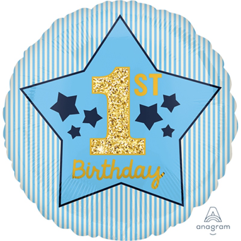 45cm Standard 1st Birthday Blue & Gold Boy Foil Balloon