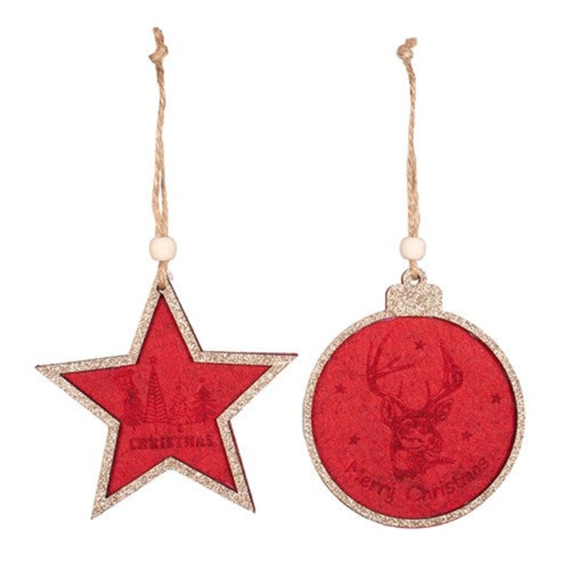 2A MDF TREE ORNAMENTS BURGUNDY W/CHAMPAGNE GLITTER DETAIL 9.8X9.3CM