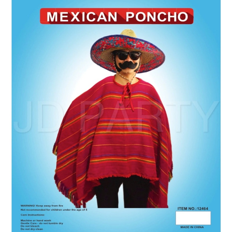 Adult Mexican Poncho (Red Thin Rainbow Stripe)