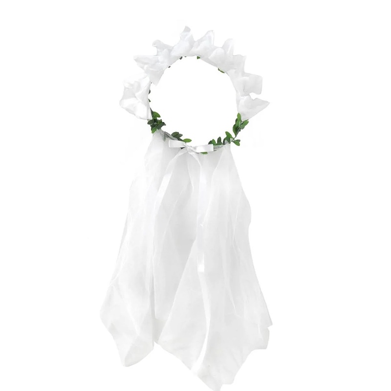 white flower headband with veil