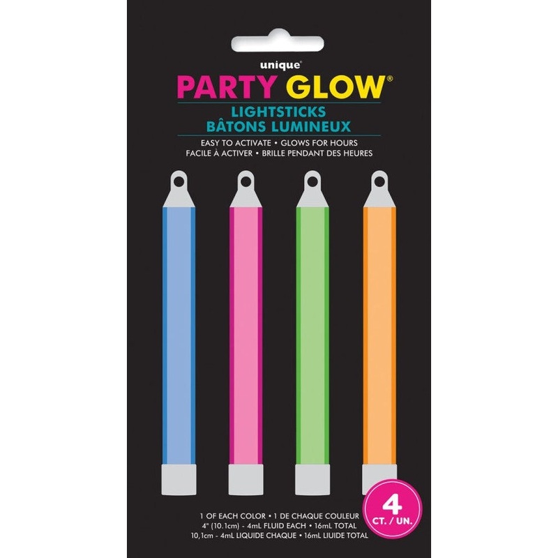 4 x 10cm(4") Glowsticks Assorted Colours
