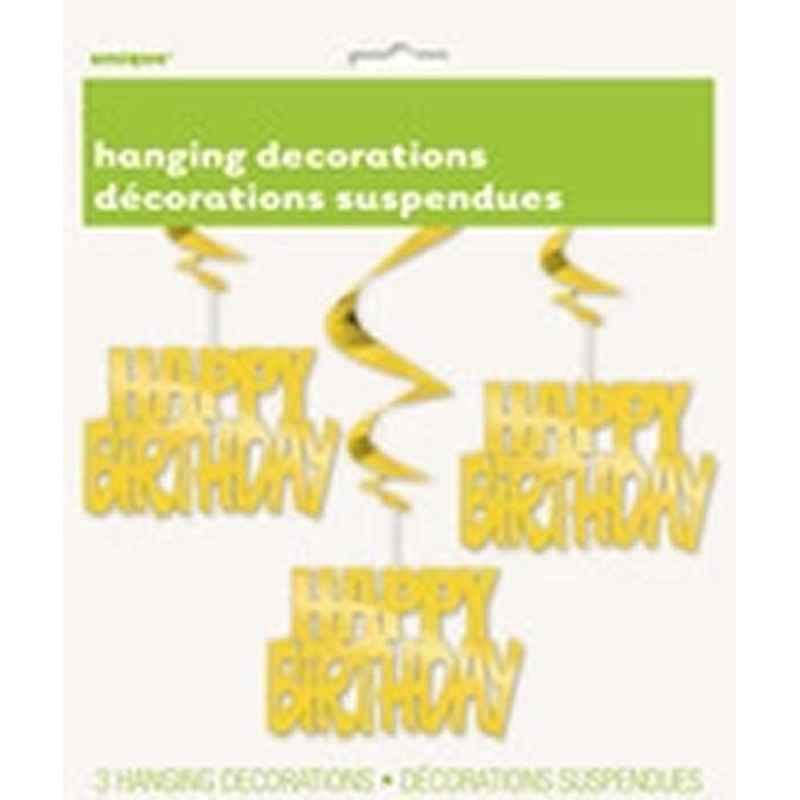 "Happy Birthday" Foil Hanging Swirl Decorations - Gold