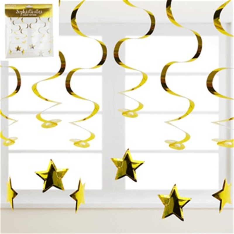 6PK METALLIC GOLD SWIRL HANGING DECORATION W/STAR