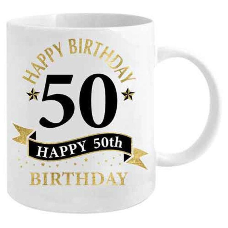 Mug Happy Birthday 50th Fifty White & Gold 360ml