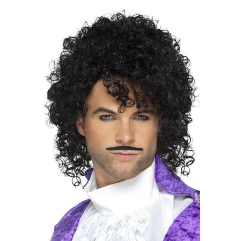Wig 80s Musician Curly and Moustache Kit
