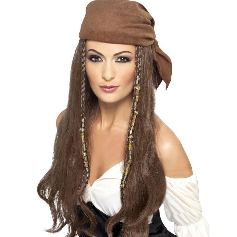 Wig Pirate Brown Hair with Bandana & Beads / Charms