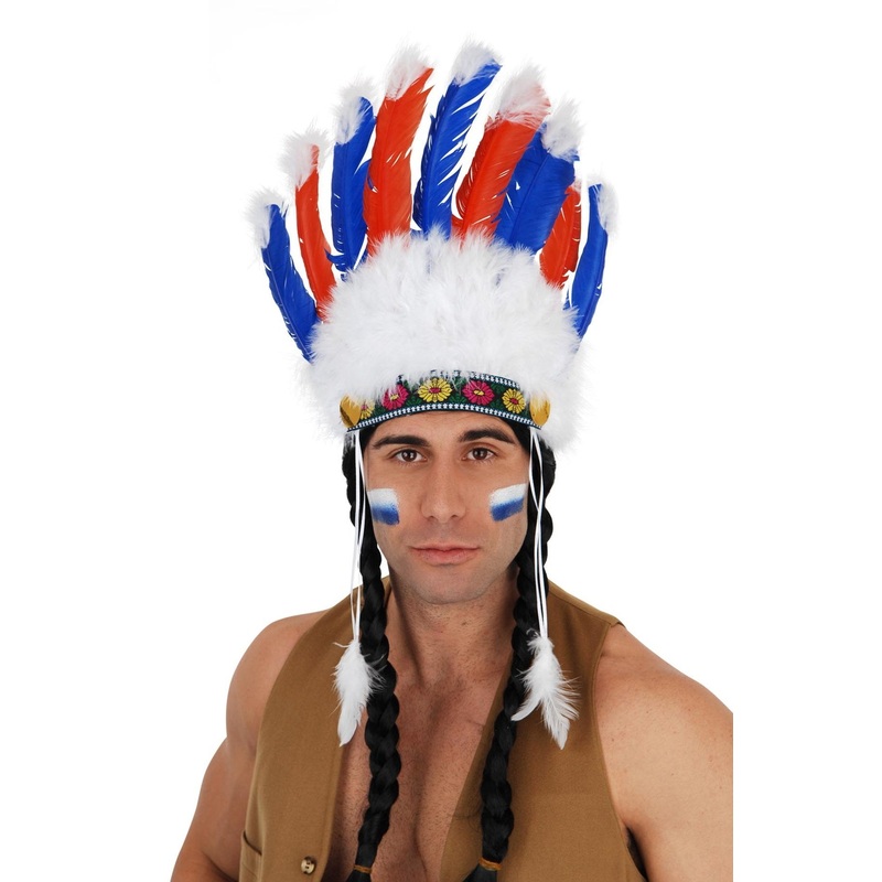 Native American Indian Headress Blue & Red Feathers With White Tips
