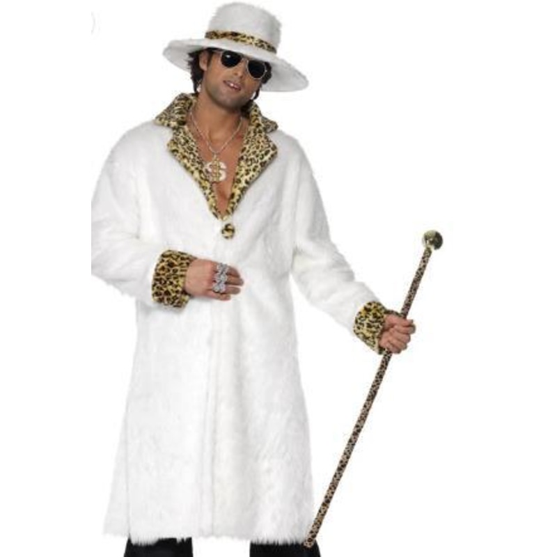 Costume Set Adult White and Leopard Skin Pimp/Gangster Coat Hat & Trousers