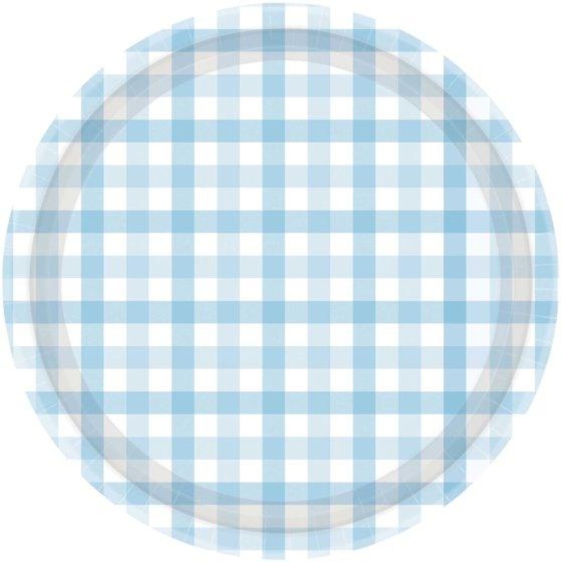Paper Plates Gingham Check 23cm Pastel Blue  Pk 8