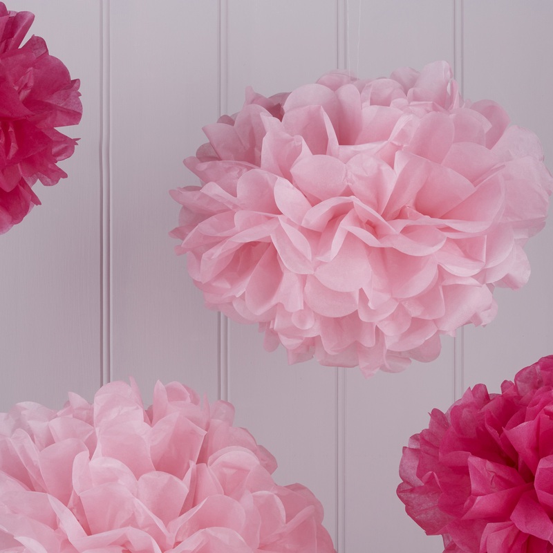 Tissue Paper Pom Poms - Hot & Light Pink - Vintage Lace - Pack of 5