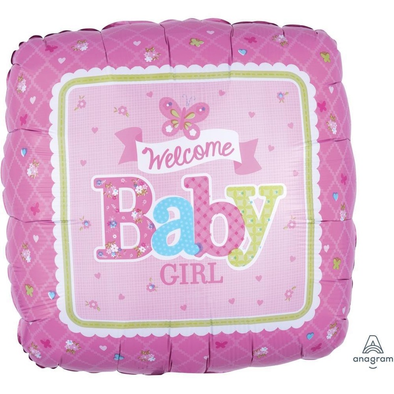 Welcome Baby Girl - Butterfly Pink Square Foil Balloon 17in / 44cm
