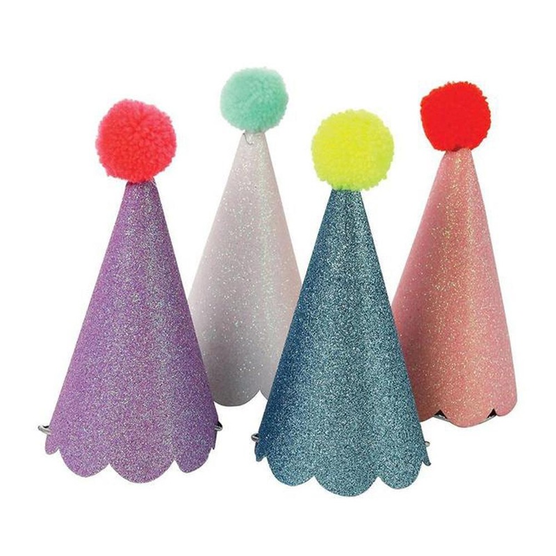Glitter & Pompom Party Hats - Pack of 8