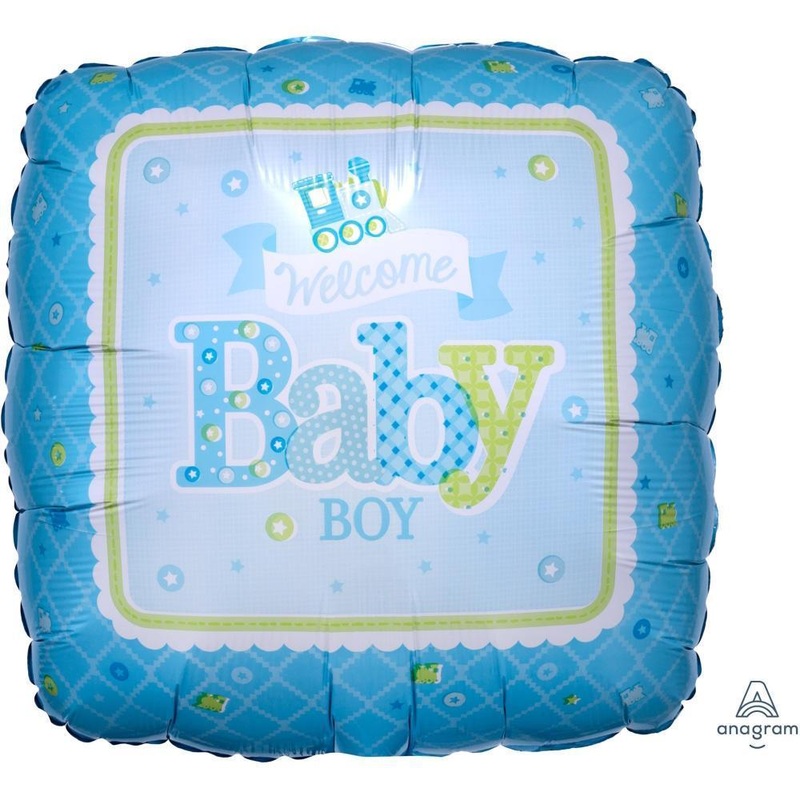 Welcome Baby Boy - Train Blue Square Foil Balloon 17in / 44cm