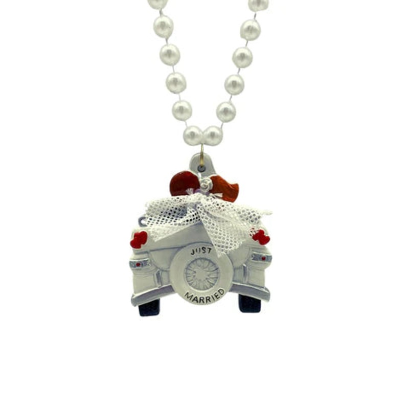 42" 10mm Pearl White Necklace with Just Married Car Medallion