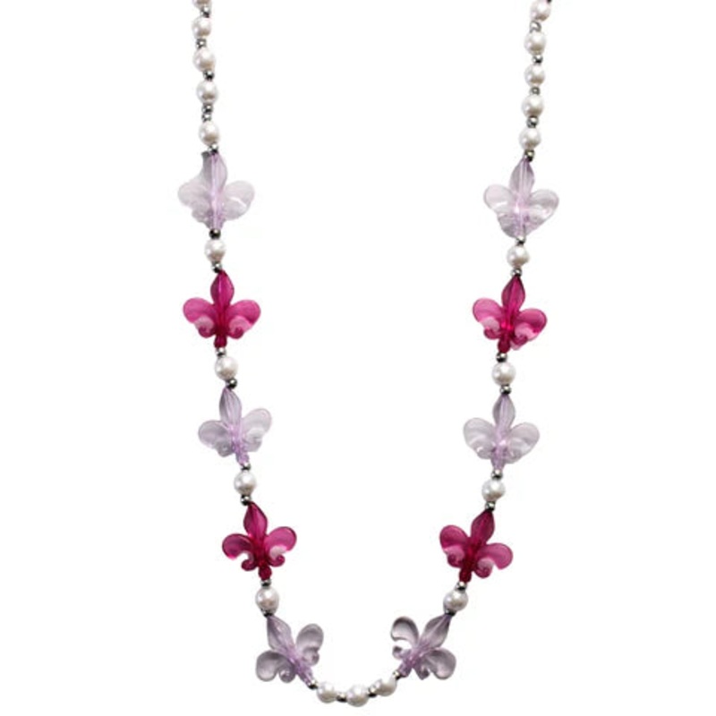 40" Acrylic Light Pink And Hot Pink Fleur De Lis Beads Necklace