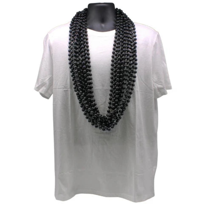48" 10mm Round Black Mardi Gras Beads - Pack of 12 Necklaces