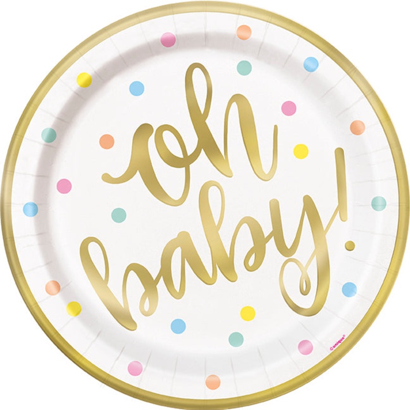 Oh Baby Gold Baby Shower Round 9in Dinner Plates 8ct